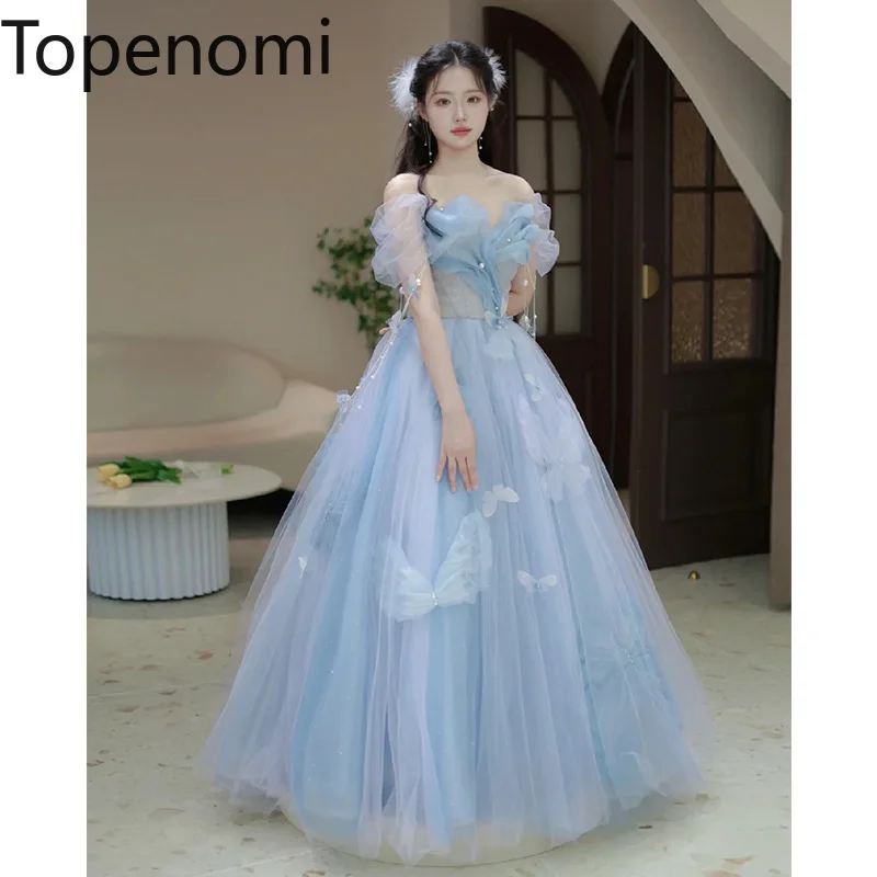 

Topenomi Blue Banquet Evening Dress Women Beading Bow One Shoulder Tulle Prom Ball Gowns Princess Fairy Birthday Party Dresses