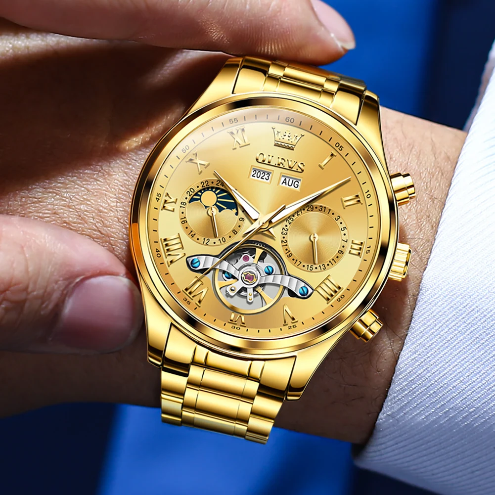 OLEVS Original Luxury Automatic Watch for Men Gold Stainless Steel Waterproof Diamond Skeleton Mechanical Wristwatch Moon Phase