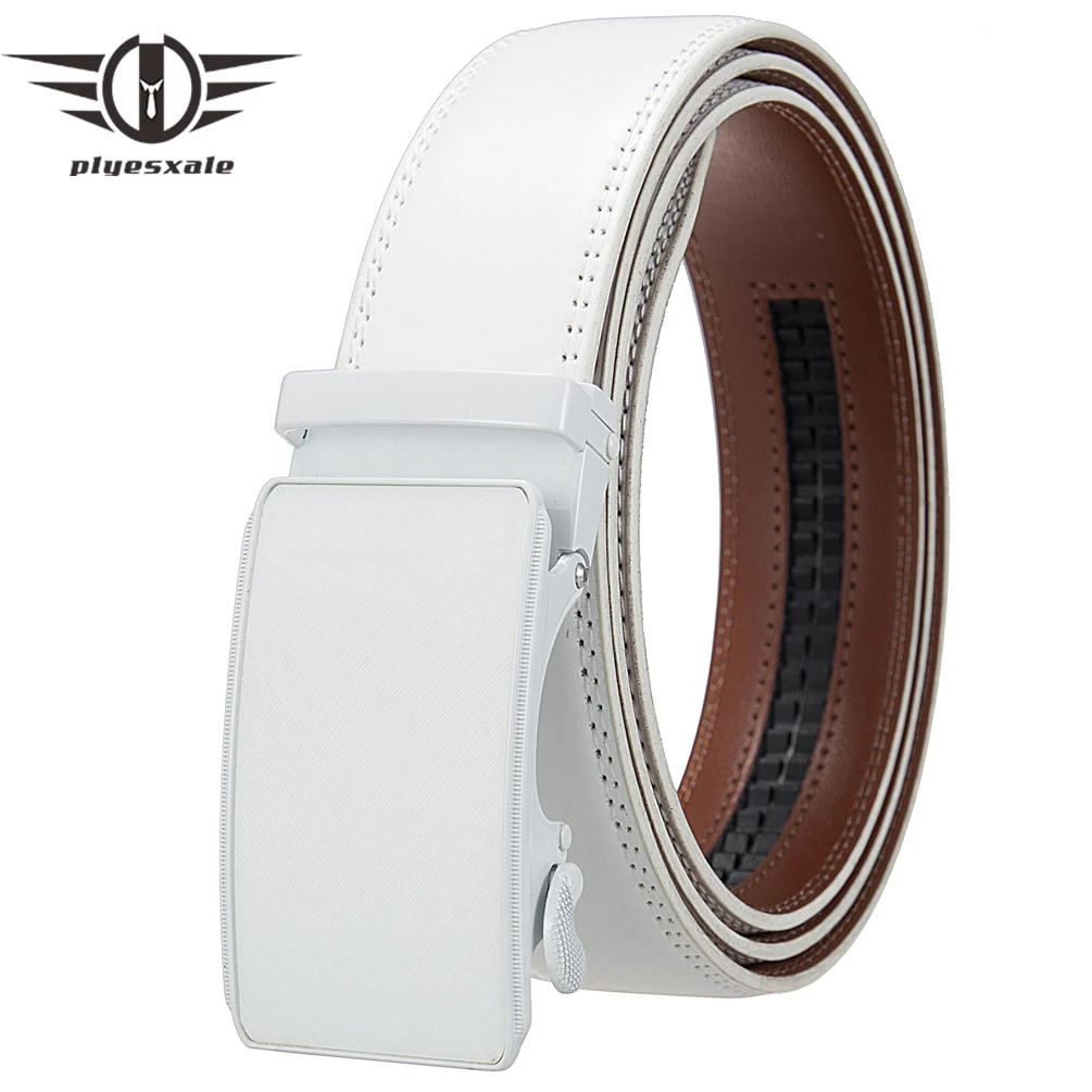 

Plyesxale NEW White Automatic Buckle Belt For Men Fashion Genuine Leather Belts Male cinturones para hombre ceinture homme B1374