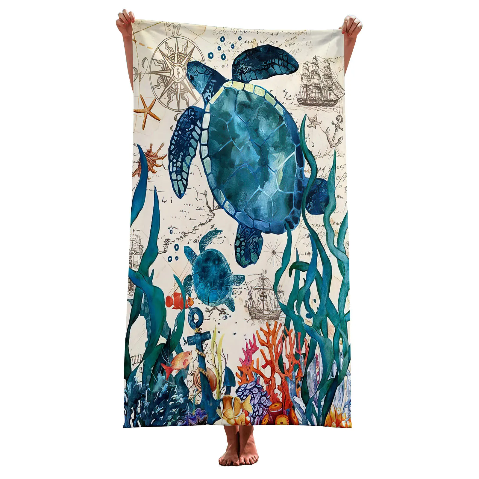 Description Picture 3 of itemSea Turtle Beach Towel Microfiber Ocean Animal Bath Towel Nautical Theme Quick Dry Towels for Kids Adults Swimming Sports Travel
