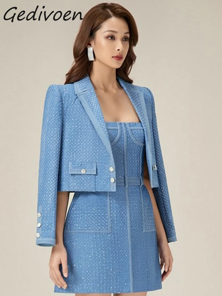 

Gedivoen Autumn Fashion Designer Blue Vintage Denim Dress Women Lapel Pocket Slim Coats+Sashes Slim Mini Sling Dress 2 Piece Set