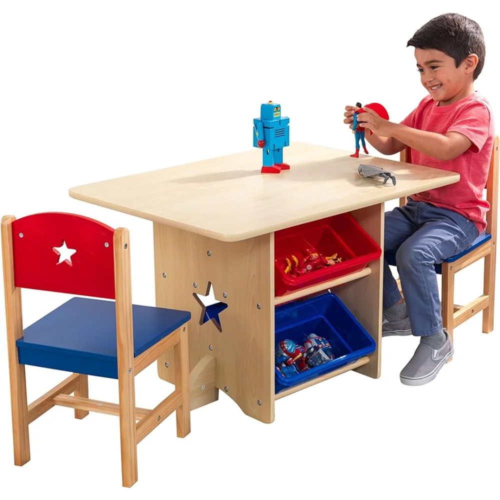 Wooden Star Table & Chair Set with 4 Storage Bins, Children's Furniture – Red, Blue & Natural dollhouse double chair wooden mini furniture table fairy benches scene model set
