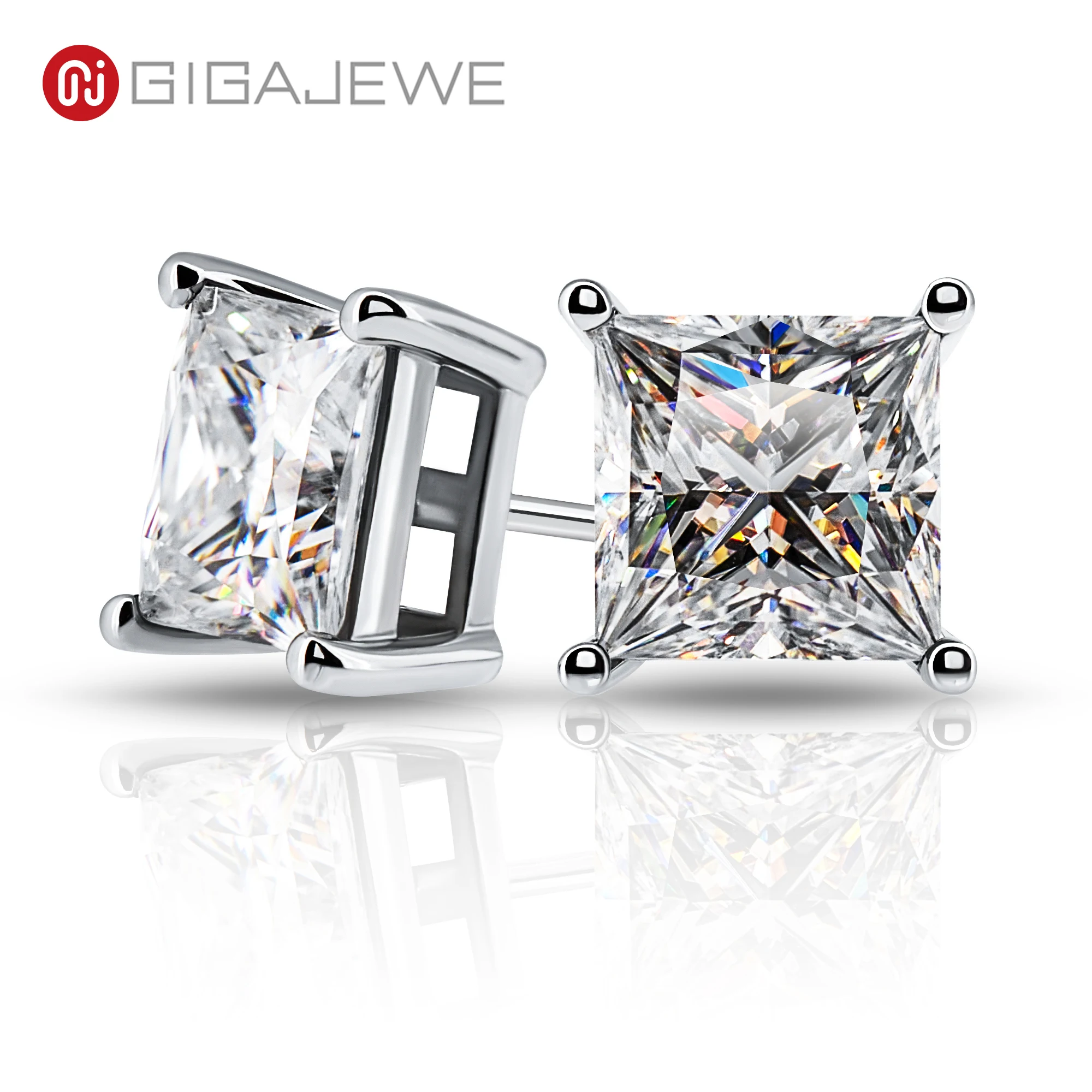 

GIGAJEWE 2.0ctX2 7.0mm Moissanite Princess Cut D Colour VVS1 Customized 18K White Gold Circle Stud Earrings Woman Girl Gift