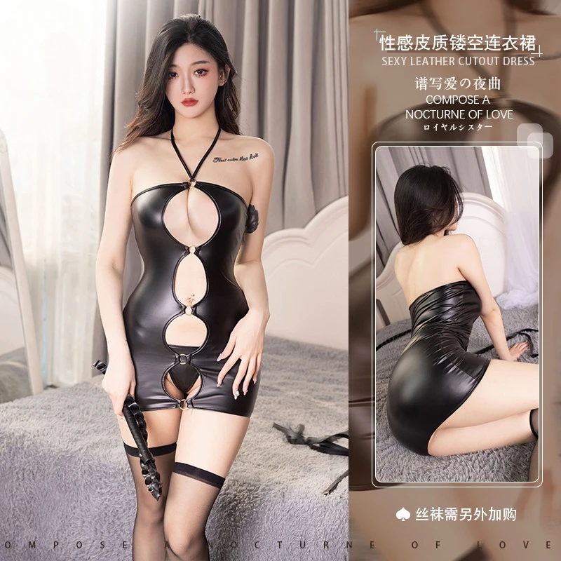 Sexy Lingerie Women PU Leather Mini Dress Buckle Bodycon Porno Black Erotic Babydolls Night Club Pole Dance Roleplay Nightgown