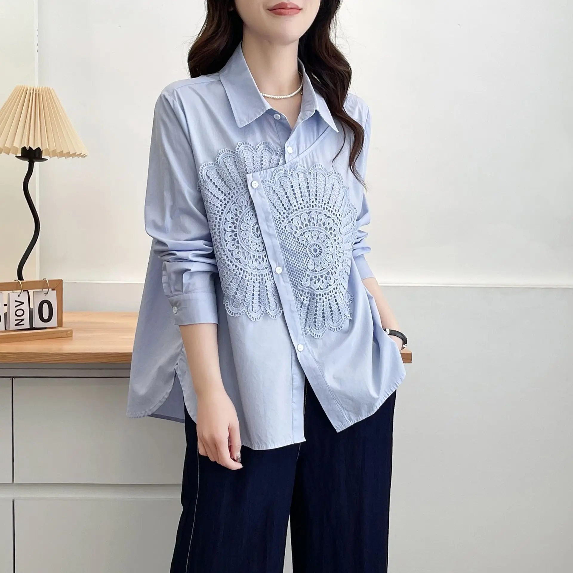 Spring Plus Size Women's Blouses New Design Lace Flower Long Sleeved Cotton Shirt 100kg Casual Tops 6177