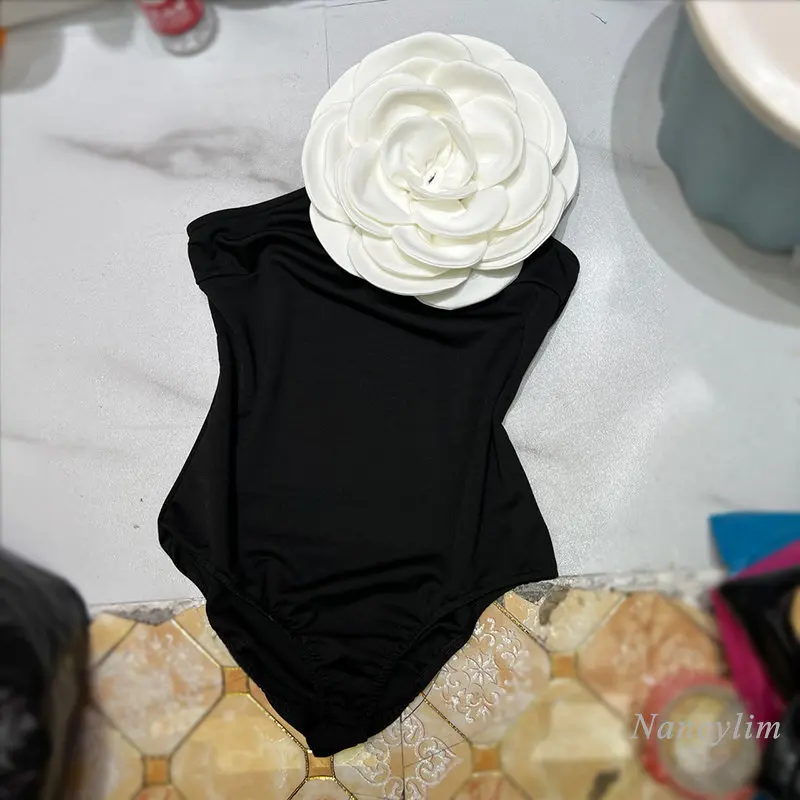 2023 Summer New Sexy One-Shoulder Three-Dimensional Large Flower Jumpsuit Women Holiday Seaside Stretch Skinny Y2k Top Playsuits