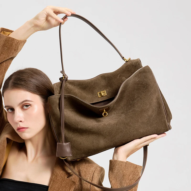 Sac à main en daim et cuir véritable pour femmes