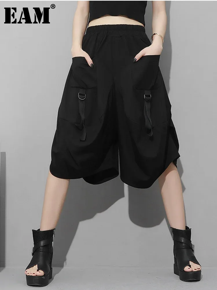 

[EAM] High Elastic Waist Black Pockets Bandage Wide Leg Pants New Loose Fit Trousers Women Fashion Spring Summer 2024 1DF4794