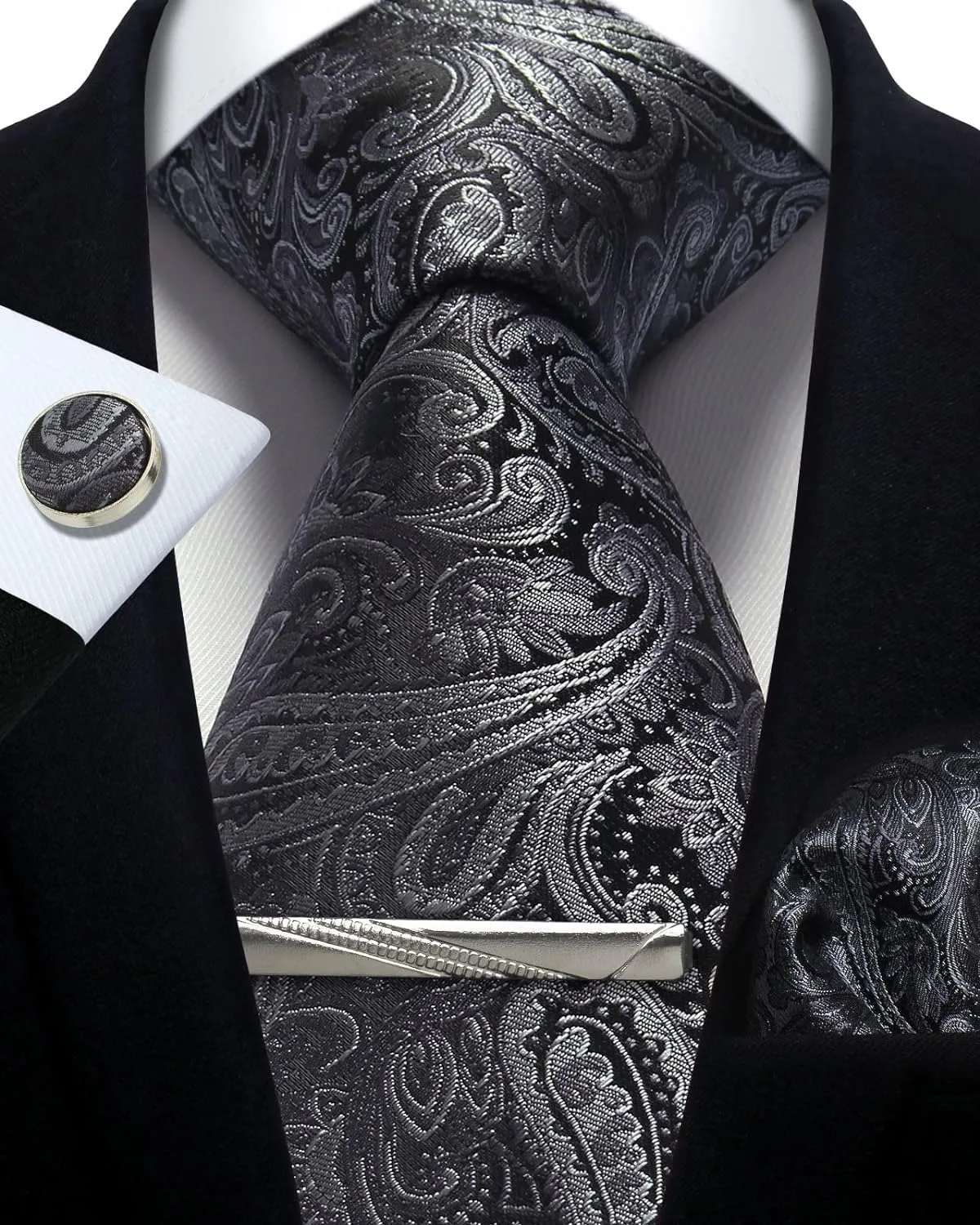 Ensemble de cravates pour hommes, cravate florale Paisley en soie argentée et boutons de manchette carrés de poche, pince à cravate, cravates formelles classiques pour hommes, fête de mariage