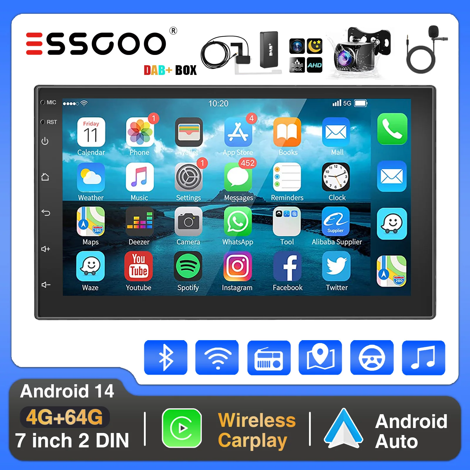 Apple Carplay Autoradio 2 Din met Android Auto Bluetooth Handsfree kit 6,2 inch met Mirror Link FM/USB/AUX/EQ/TF Stuurwielbediening Microfoonafstandsbediening achteruitrijcamera