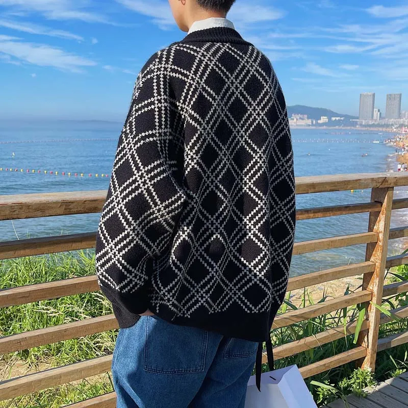 남성용 V넥 싱글 브레스트 니트 스웨터, 느슨한 스트라이프 니트 카디건 코트, C45, 2024 가을 신상