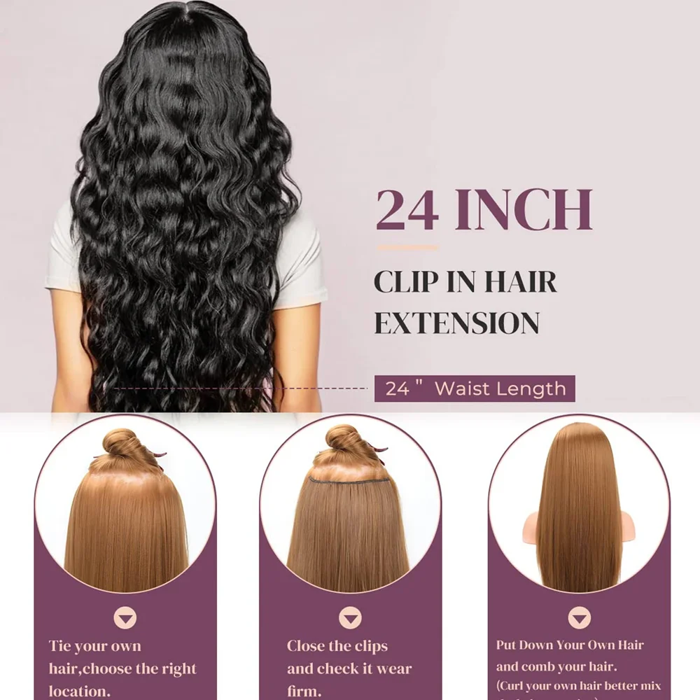 Clip In Hair Extensions 24 Inch 6PCS Hair Extensions Long Mermaid Waves Wavy Full Head Synthetic Clip On Hairpiece For Women