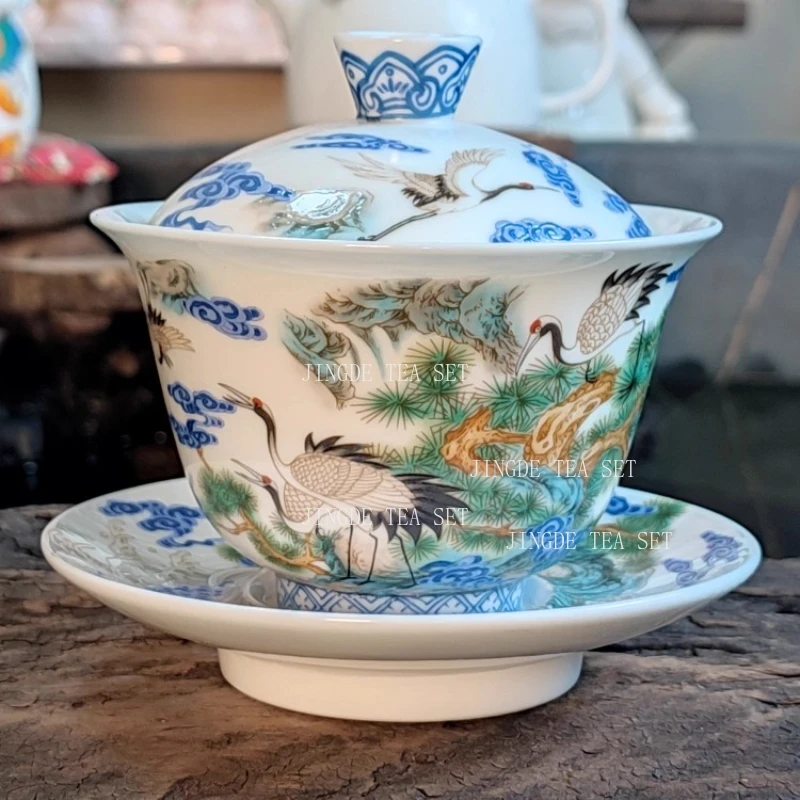 170ml Yixing Crane Enamel Covered Bowl Household Ceramic Triple Cap Bowl Tea Bowl High End Tea Set Tea Set Accessories