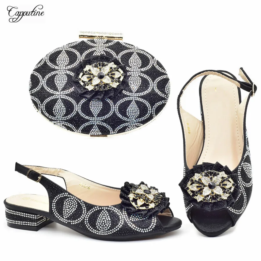 

Black Women Shoes And Bag Set To Match Ladies Summer Sandals With Handbag Clutch Fashion Medium Heels Sandales Femmes 628-6