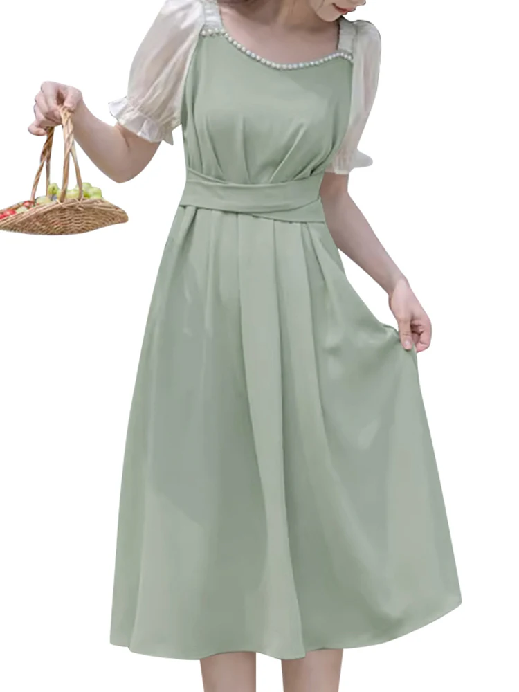 

VONDA Lace Dress 2024 Women Elegant Patchwork Short Sleeve Midi Party Dress Loose Sexy Square Neck Pleated Vestidos Casual Robe