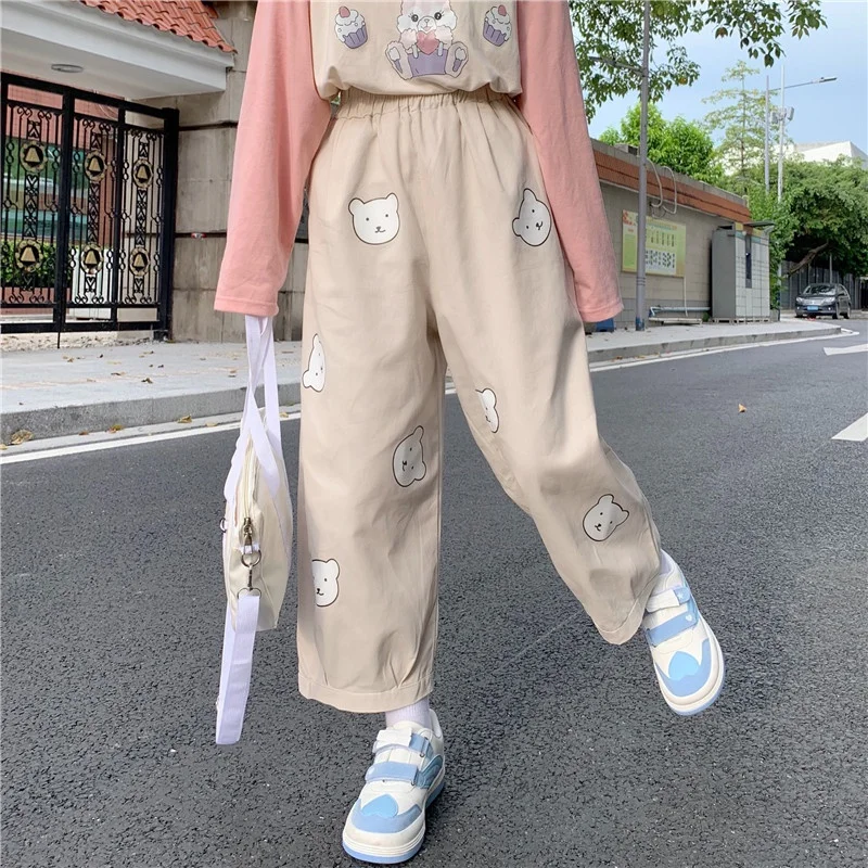 Kawaii Soft Girly Loose Casual Straight Pants Girls Thin Cute Cartoon Bear Printing Elastic Waist Ankle-Length Pants For Female summer thin ice silk ankle length 92cm falre jeans for women casual elastic waist pants baggy korean fashion bell bottoms