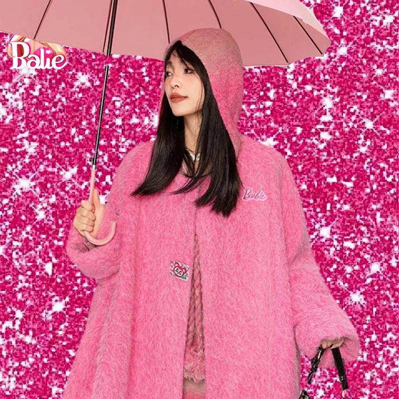 

New Winter Barbie Jacket Cute and Beautiful Y2K Dopamine Plush Pink Cape Style Hooded Slim Long Fashion Jacket Birthday Gift
