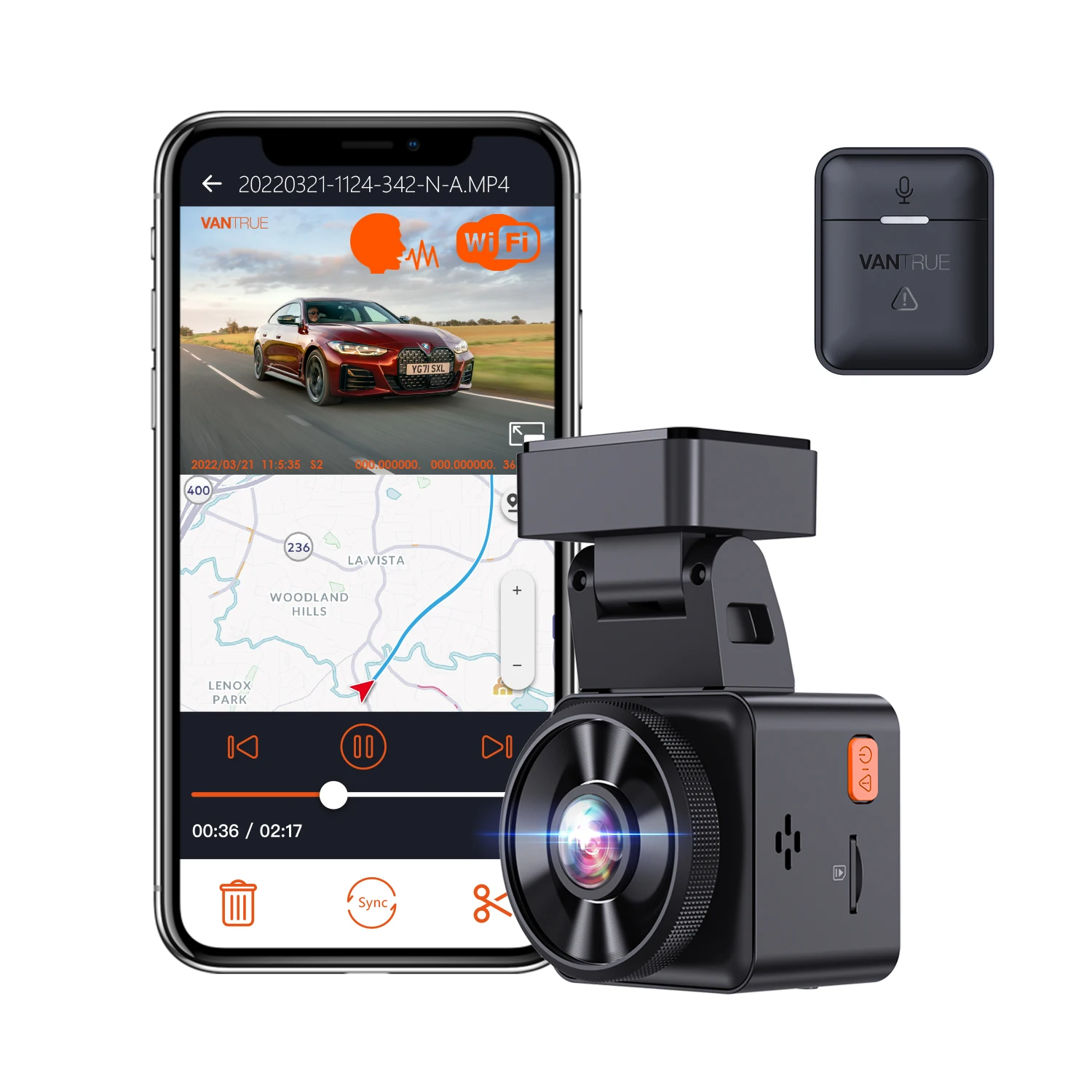 Vantrue E1 2.7K Wifi Mini Dash Cam Con Gps E Velocità, Telecamera Per Cruscotto Anteriore Con Controllo Vocale, Modalità Di Parcheggio 24 Ore, Control