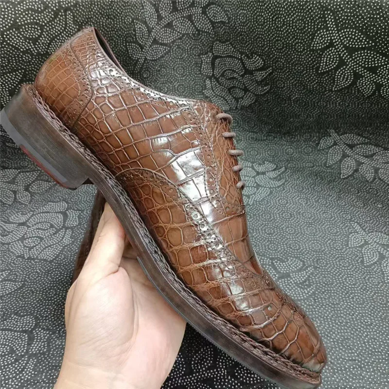 Authentic Crocodile Skin Men Business Dress Shoes Alligator Leather Goodyear Handmade Male Lace-up Brogue Oxfords