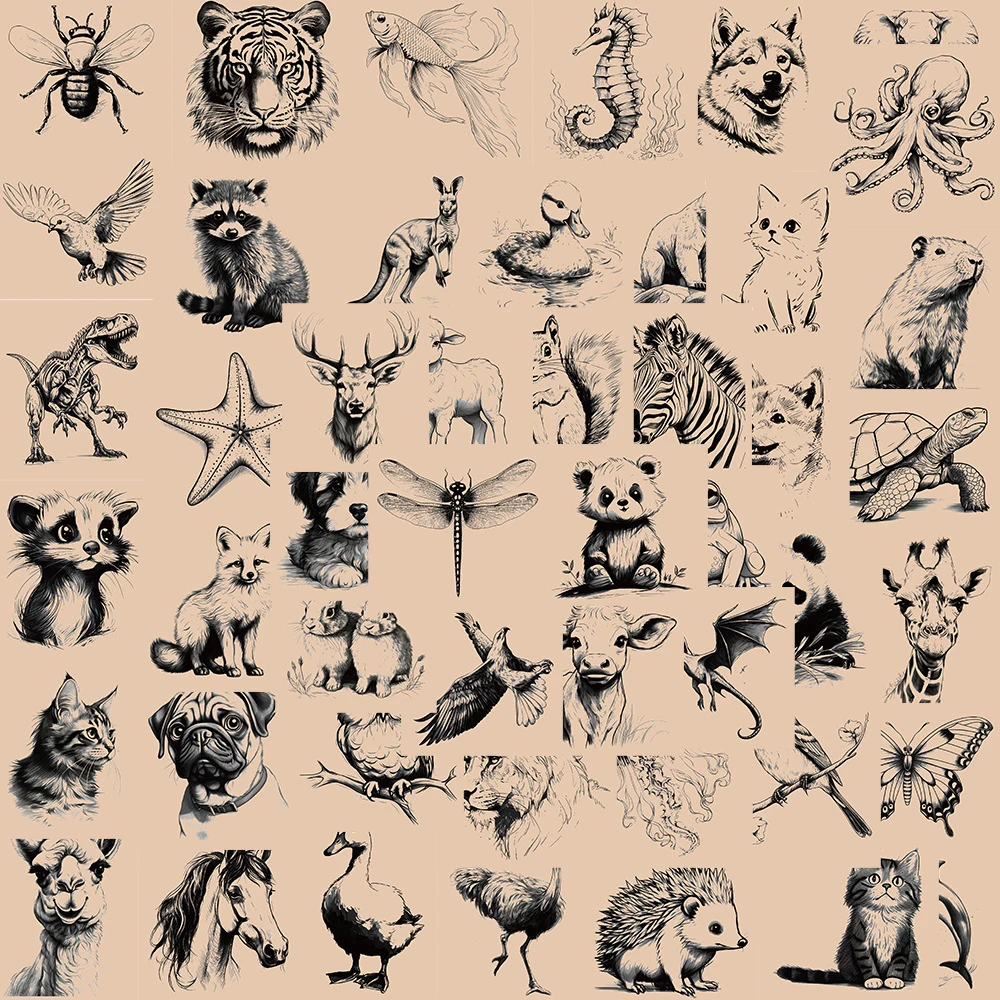 10/30/50pcs Black And White Animal Stickers Vintage Sketch Style Sticker Scrapbooking Motorcycle Luggage Wall Kids Toys Decal