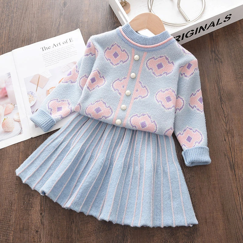 

2023 Girls Baby Fashion Autumn Knitted floral Clothes Dress Sets Children Cartoon Winter Sweaters Tops Ruffles Skirt Outfits
