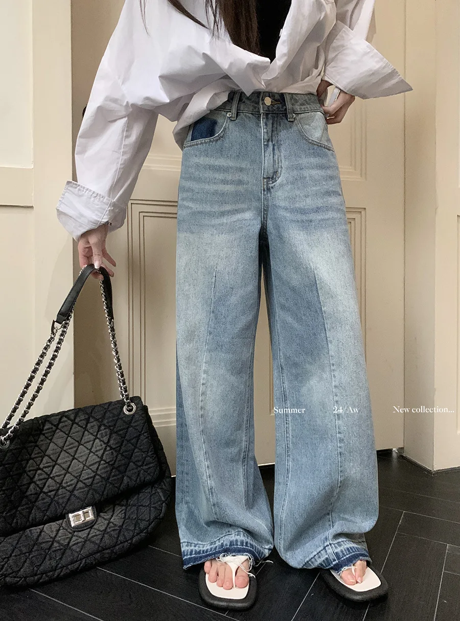

Summer raw edge washed jeans women's loose floor-length trousers retro wide-leg trousers straight-leg trousers