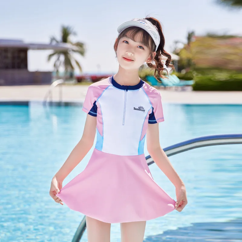 어린이용 자외선 차단 반팔 방수 비치 수영복, 여아용 원피스 프론트 지퍼, 야외 서핑 수영 스커트, UPF50 +