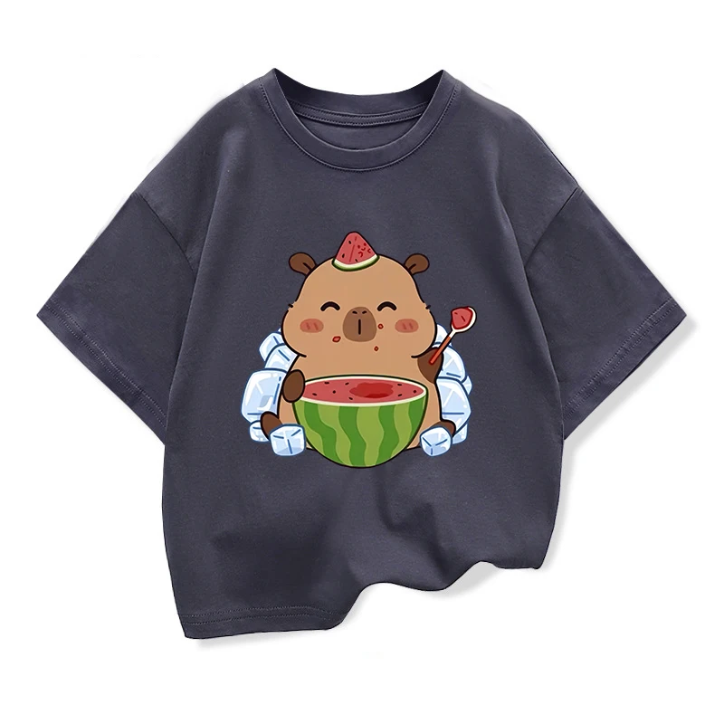 Summer New Capybara Watermelon Printed Cartoon Fashion Short Sleeve T-shirt Kids Clothing Tees Girls Loose Casual Tops T Shirts