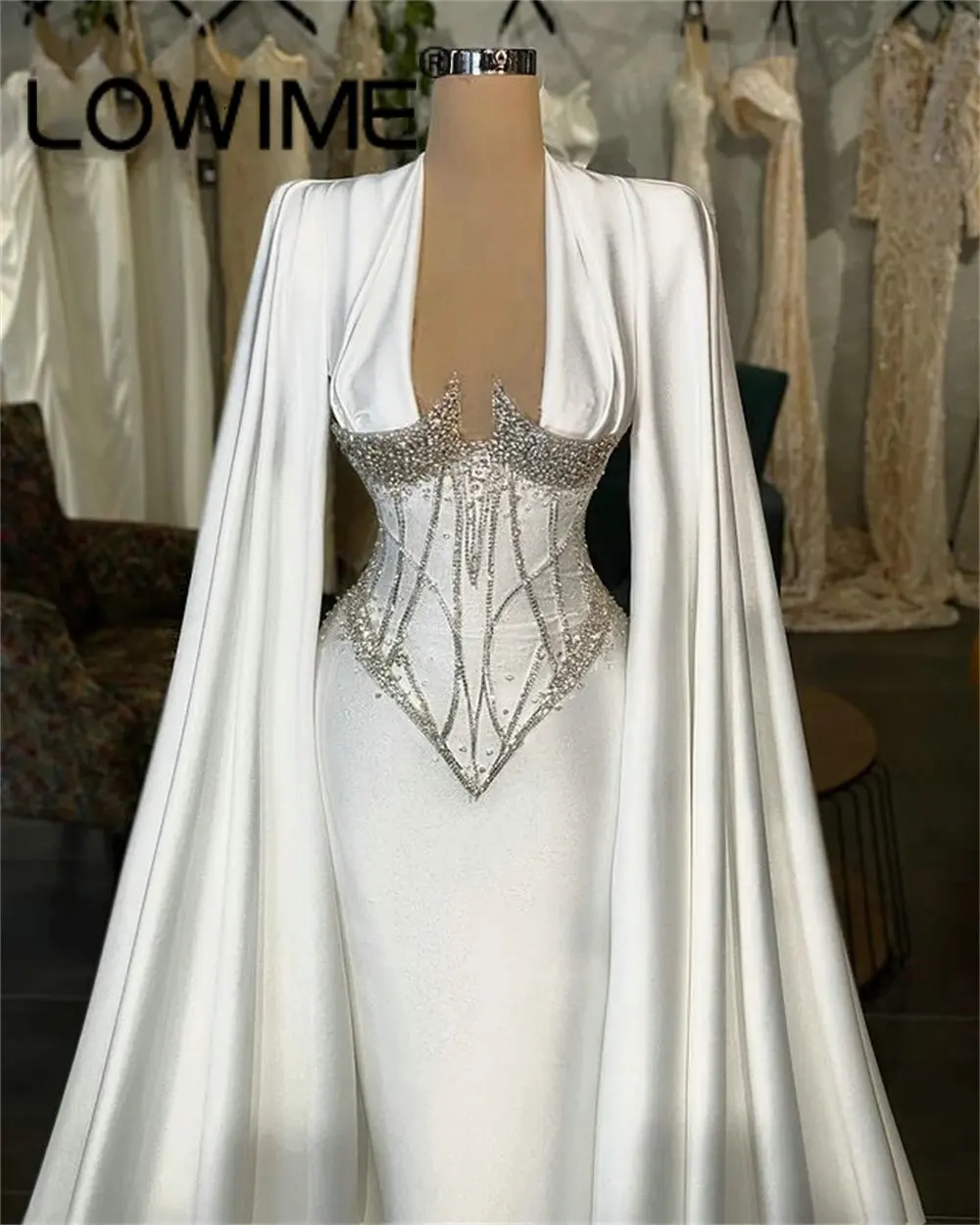 Sale Gold Luxury Elegant Mermaid Evening Dresses Gowns 2025 Cape Sleeves Beading Sexy For Women Party LA70833