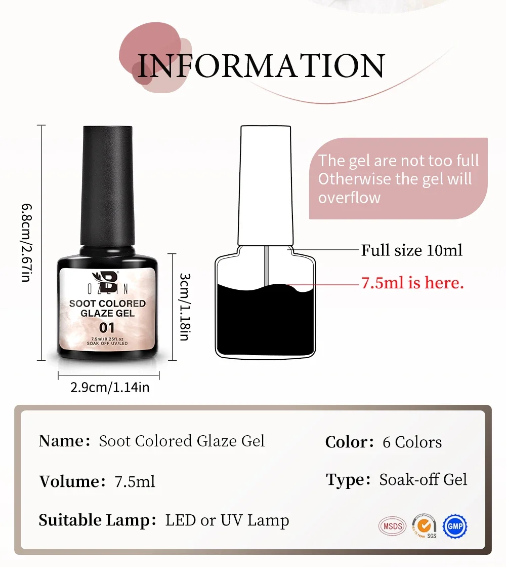 Description Picture 3 of itemBOZLIN 6 Colors Soot Coloured Glaze Gel Semi-transparent Jelly Nude Nail Art Nail Supplies Soak off UV LED Nails Gel Varnish
