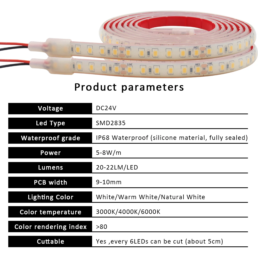 Waterproof LED Strip Lights - 24V, IP68, Multi-Length Options, Ideal for Outdoor and Pool Lighting