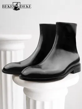 Handmade British Style Men Genuine Leather Chelsea Boots Round Toe Patent Leather High Top Shoes High Quality Short Boots 45 46