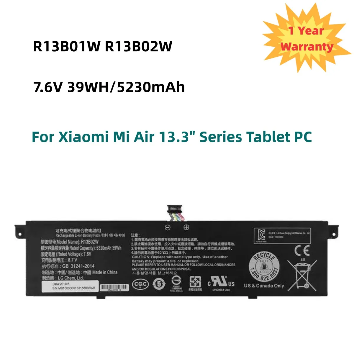 

7.6V 5230mAh New R13B01W R13B02W Laptop Battery For Xiaomi Mi Air 13.3" Series Tablet PC 39WH