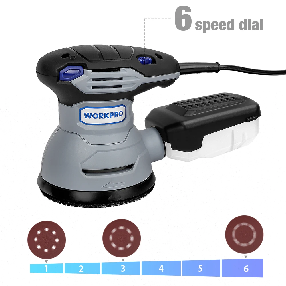 WORKPRO 300W Random Orbital Electric Sander Machine 10Pcs 125mm Sandpapers