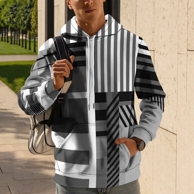 

Hot Sell Men's Hoodie 3d Stripe Patchwork Printed Men Clothing Street Designer Long Sleeve Tops Oversized Pullover Loose Sweater