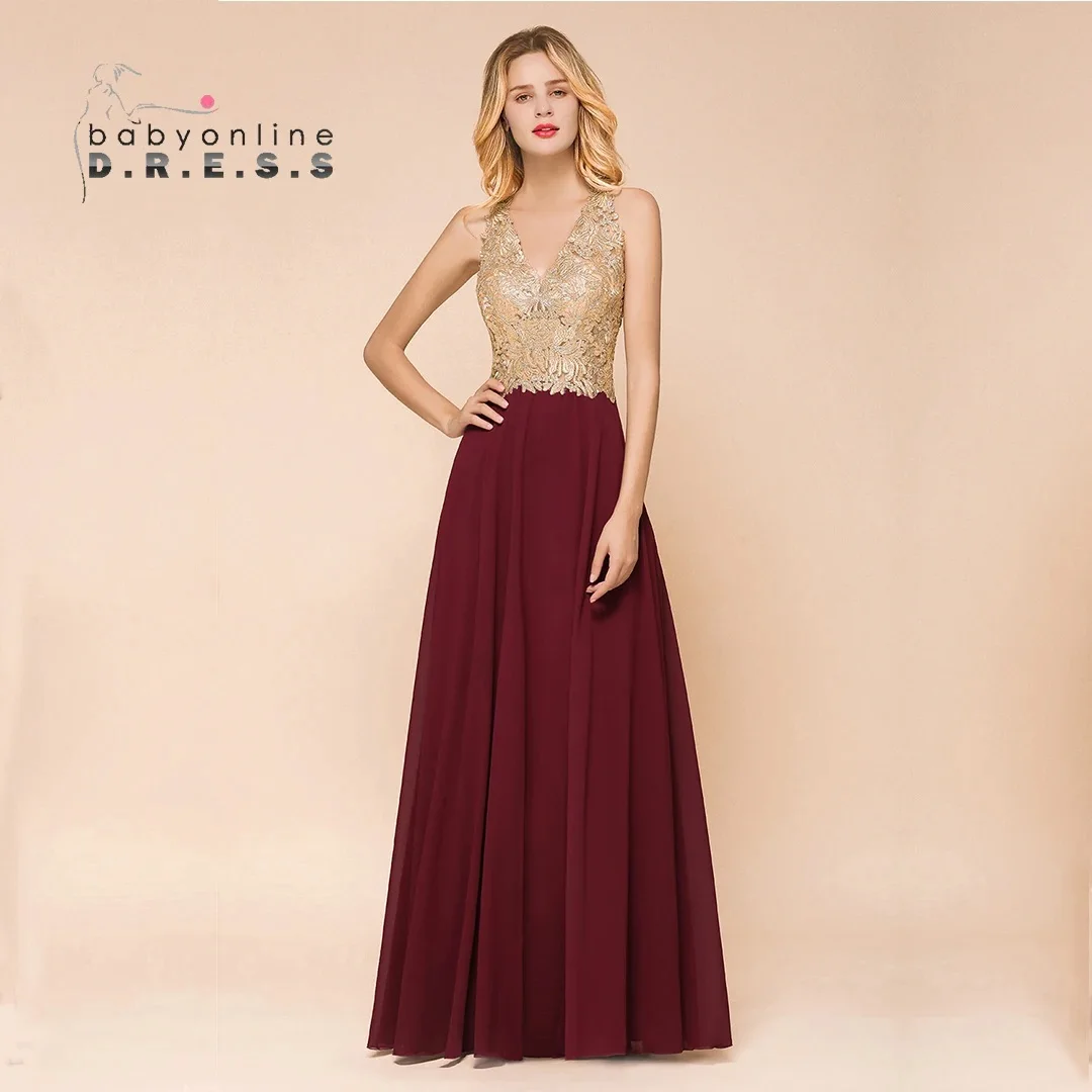 BABYONLINE 여성용 스파클링 골드 아플리케, 브이넥 민소매, A 라인 쉬폰 가운, 웨딩 파티 저녁