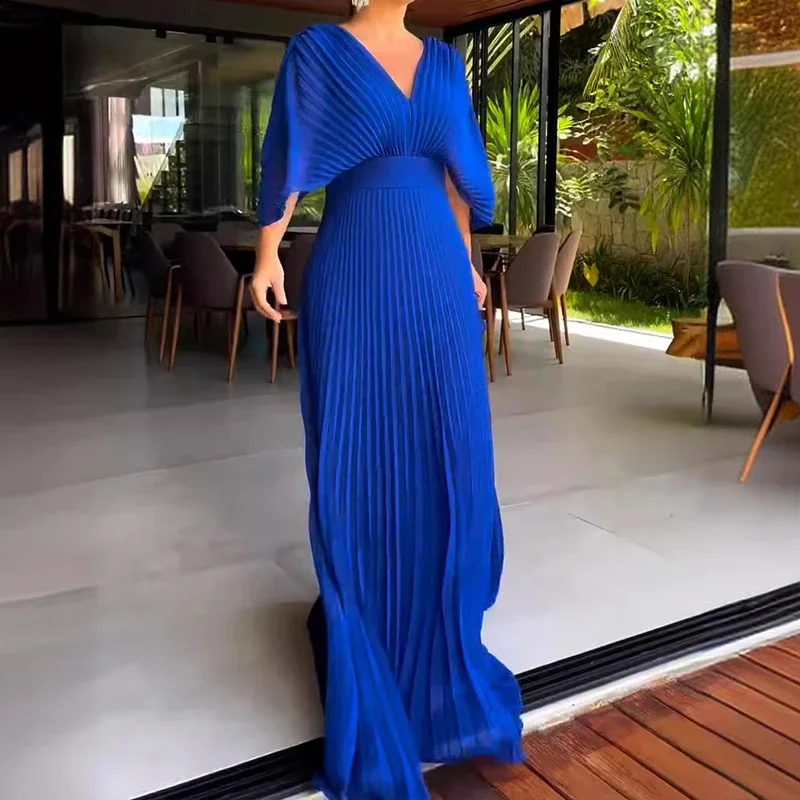 Women's Casual 3/4 Sleeved Solid Robe Dresses Summer Hollow Backless Pleated Long Dress Elegant V-neck High Waist Evening Dress