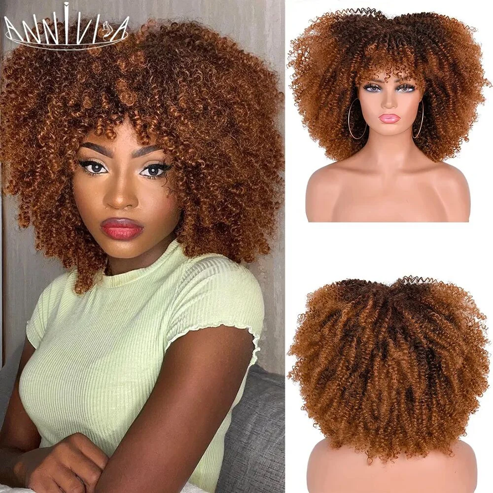 Short Afro Kinky Curly Wigs With Bangs For Black Women Blonde Mixed Brown Synthetic Cosplay African Wigs Heat Resistant Annivia shine ombre blonde wig with bangs full machine made synthetic body wave wig heat temperature fiber wig 30 inch none lace wig