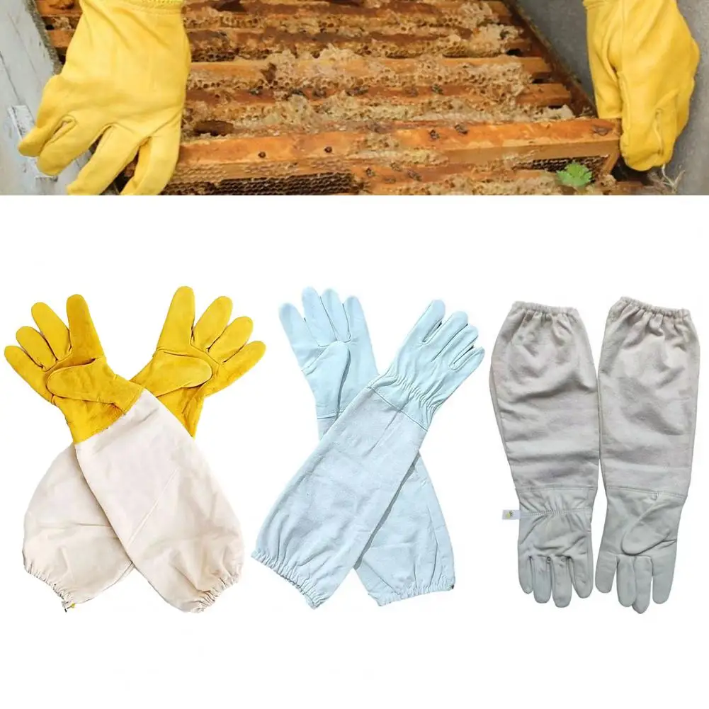 Honey Harvesting Gloves Bee Inspection Gloves Protective Beekeeping Breathable Canvas Goat Leather Sleeves for Anti-bee