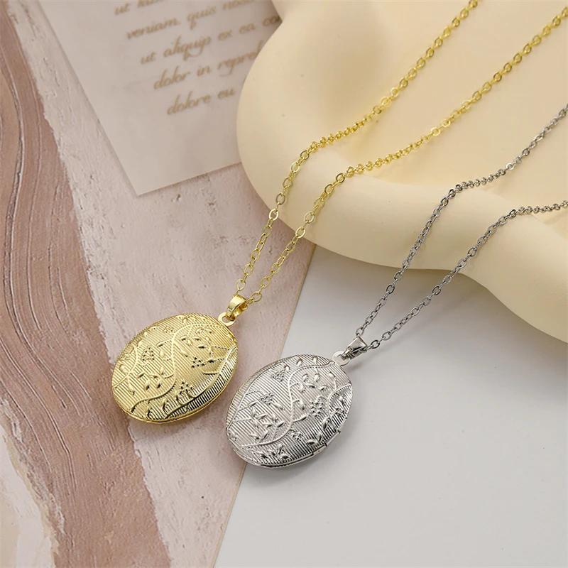 New Nordic Style Oval Carved Flower Stripe Locket Pendant Necklace