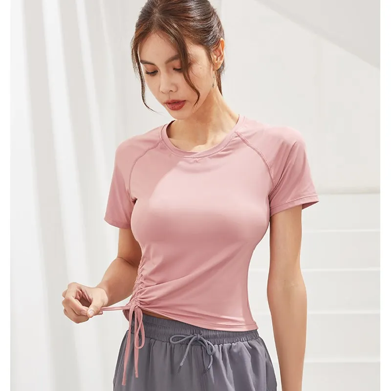 Lace Up Drawstring Short Sleeve Tees Sexy Fitness Women's Shirts Gym Running Tops Elastic Yoga Sport Tights Quick Drying T Shirt