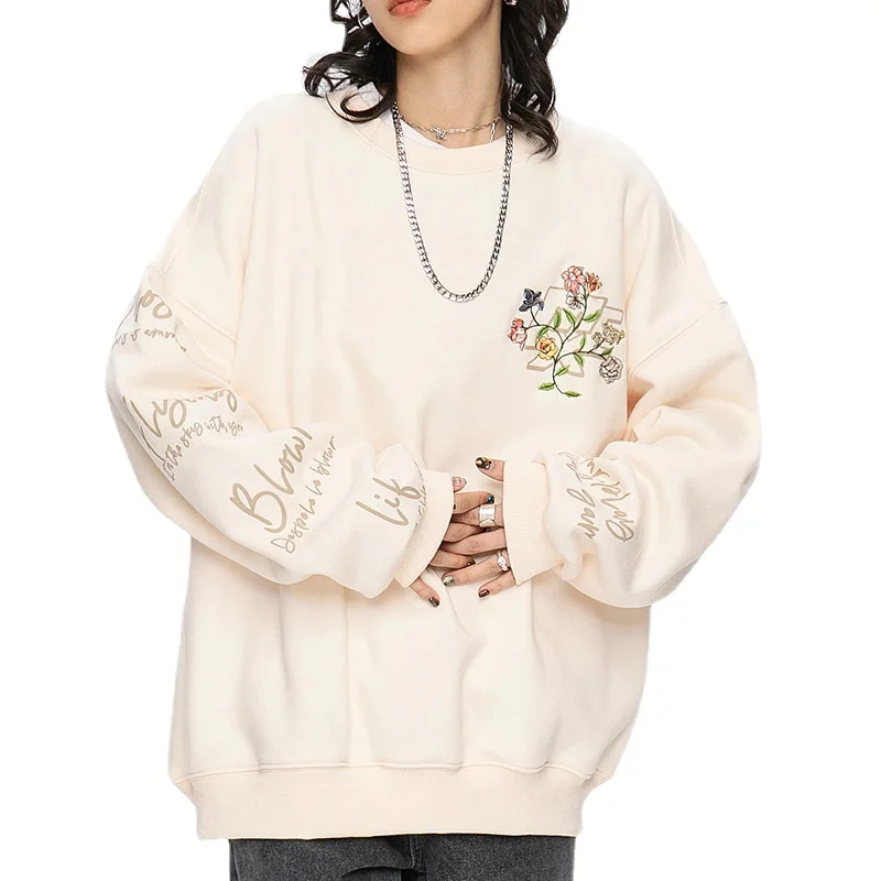 Couple Sweater Pullover roundNeck Cotton Floral Embroidery Fashionable High-End Loose Coat SpringAutumn Basic Style All-Matching