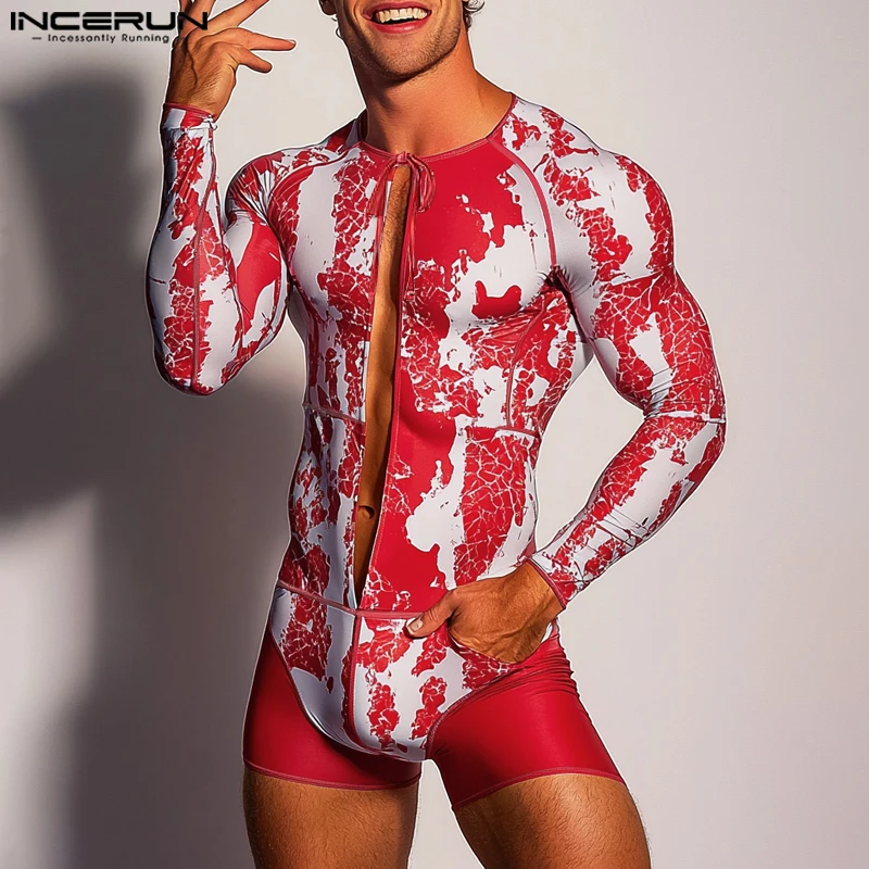 INCERUN American Style Bodysuits Sexy Stylish Men Printed Long Sleeved Jumpsuits Male Hot Sale Cropped Long Sleeved Rompers