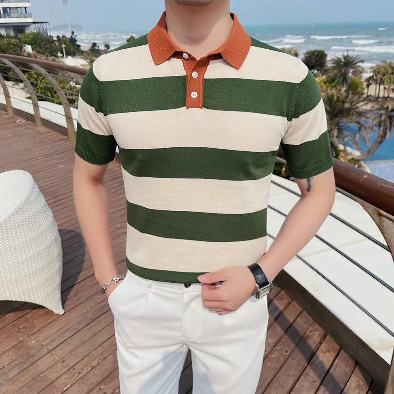 2023 Ice Silk Stripe Polo Shirt for Men Summer Casual T shirt Lapel Short Sleeve Fashion Knit