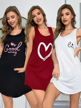 Three-piece women's sleeveless vest nightdress New style letter love printed skirt comfortable solid color home wear casual paja