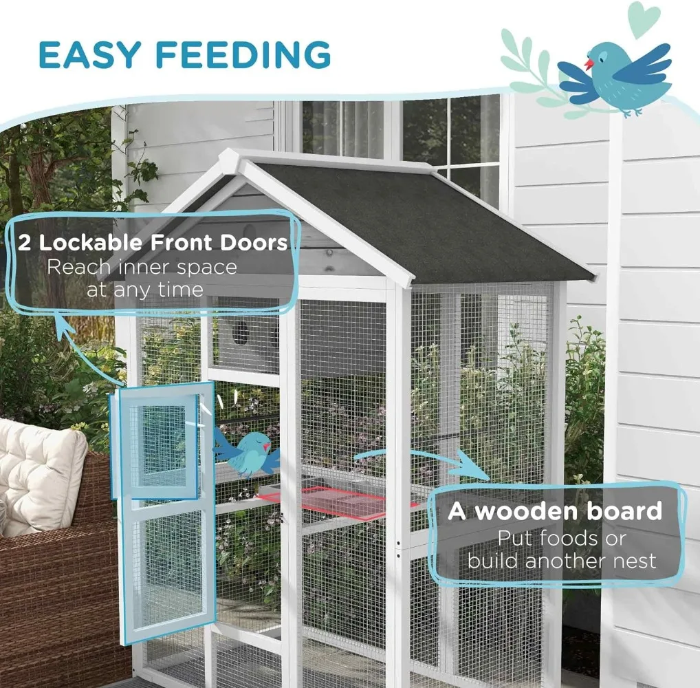 64.5" Wooden Bird Cage Aviary Flight Cage with 4 Perches Nest and Slide-Out Tray for Indoor/Outdoor Gray Bird