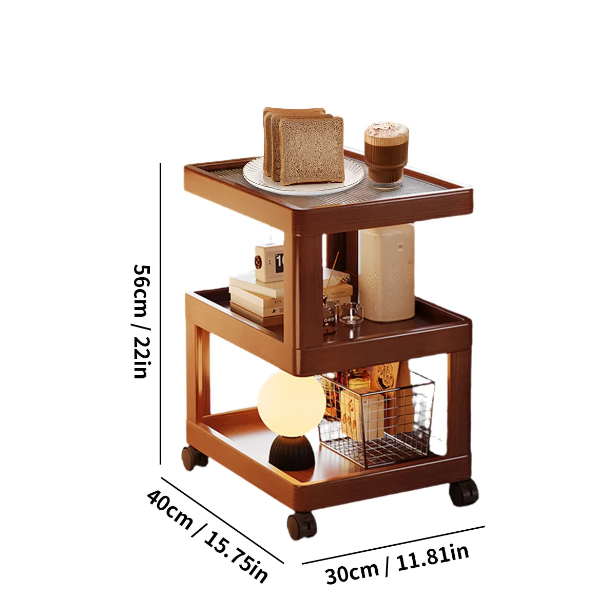 Geometric 3-Tier Bamboo Storage Side Table with Acrylic Surface & Wheels, Tea Brown Living Bedroom Furniture - Image 6