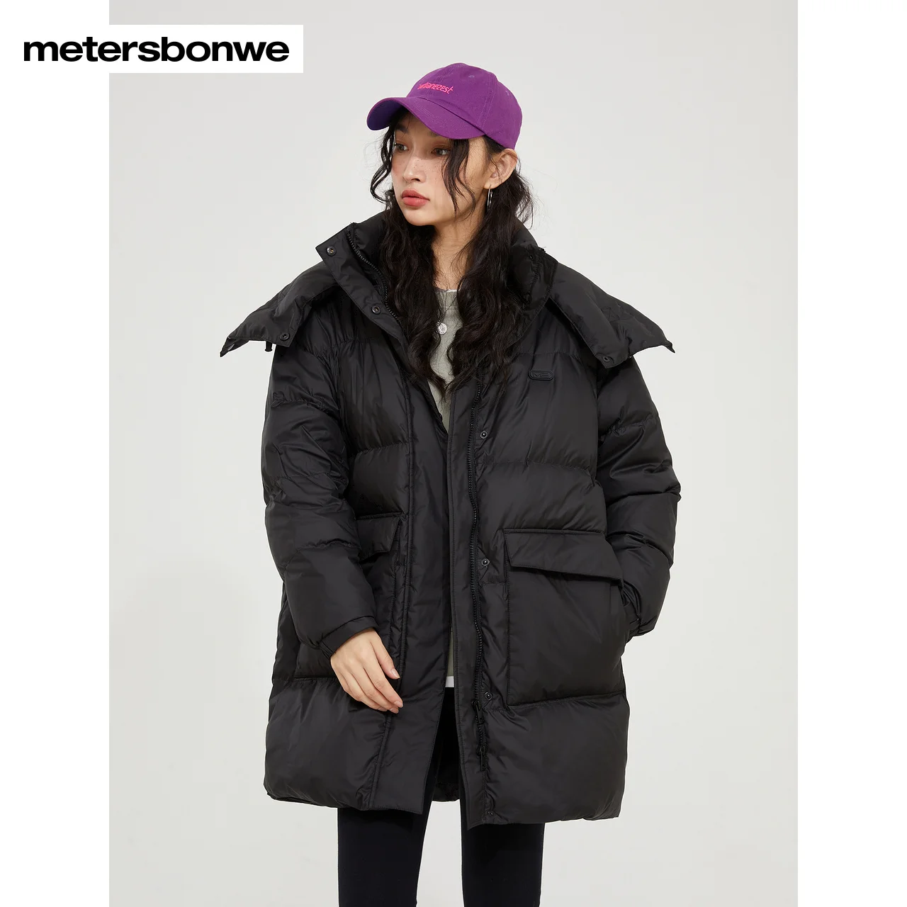 Metersbonwe Women's 22New Winter Remove Scarf Collar Buckle Medium Length Standing Cllar Down Jacket Pure Color Thick Warm Wear