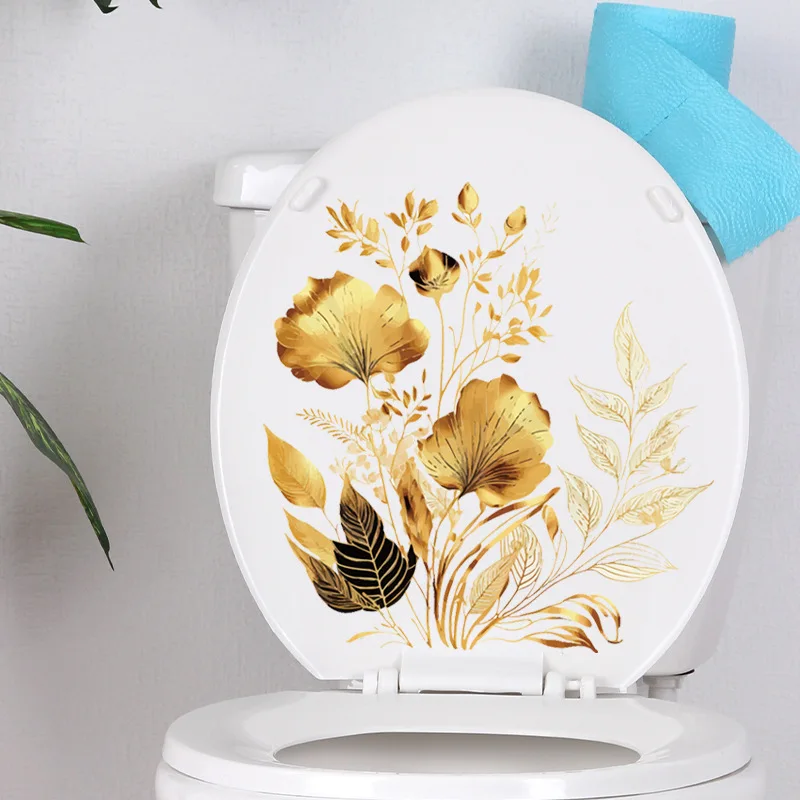 Creative Golden Flower Stickers Toilet Stickers Bathroom Door Wall Wallpaper Self Adhesive Decorative Washroom Vinyl Decals