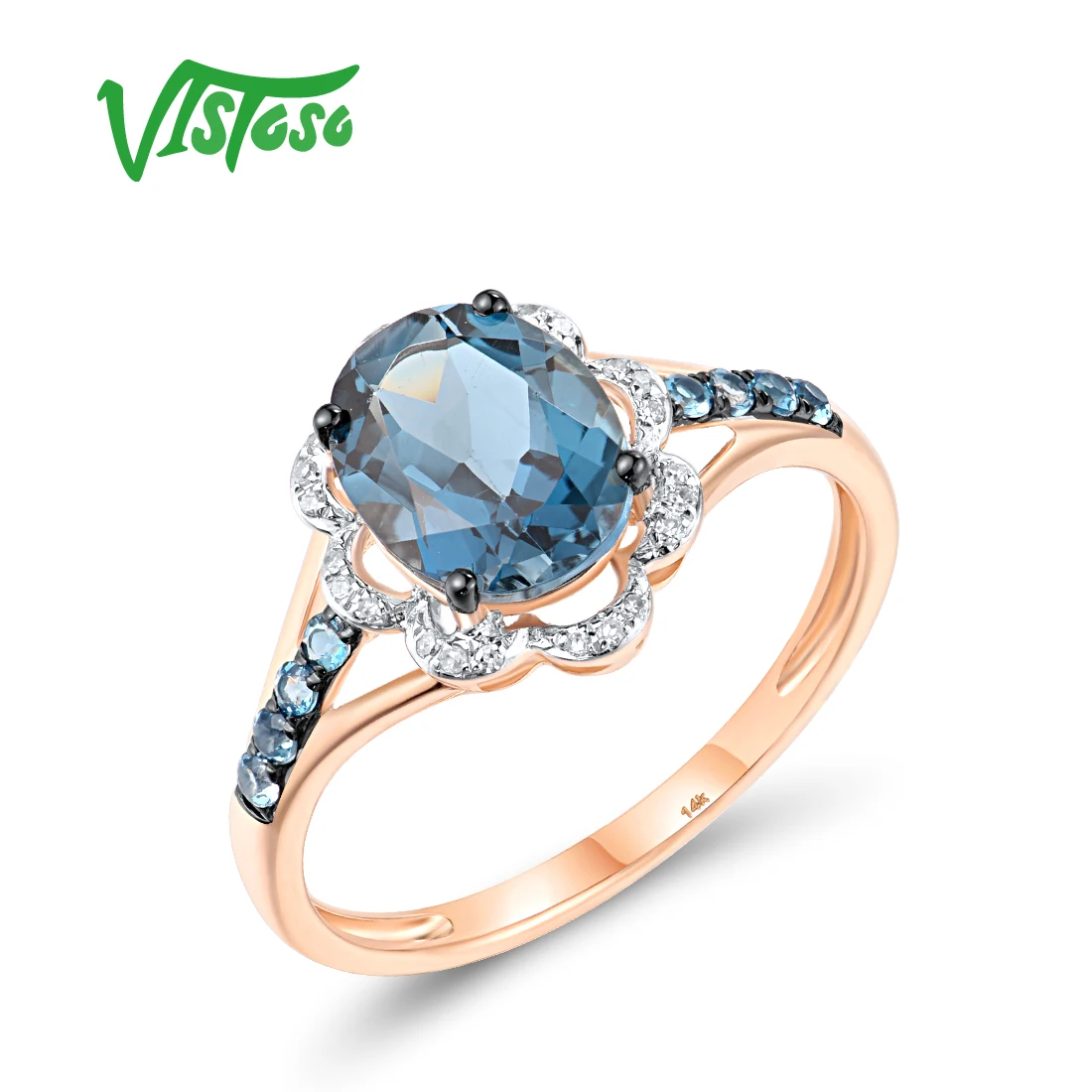 

VISTOSO Genuine 14K 585 Rose Gold Ring London Blue Topaz Sparkling Diamond For Lady Wedding Anniversary Elegant Fine Jewelry